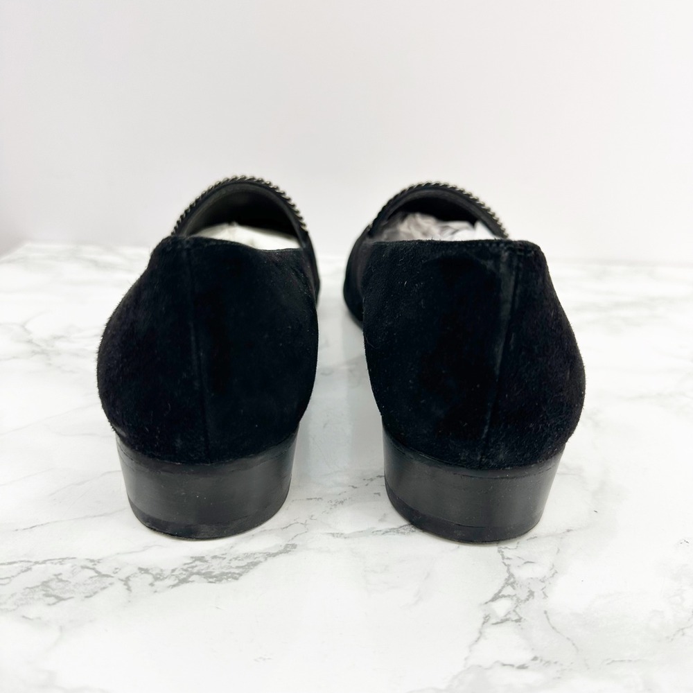 Stuart Weitzman Loafers Womens 8 Black Excellent Quilted Suede Chain Trim - Picture 3 of 6